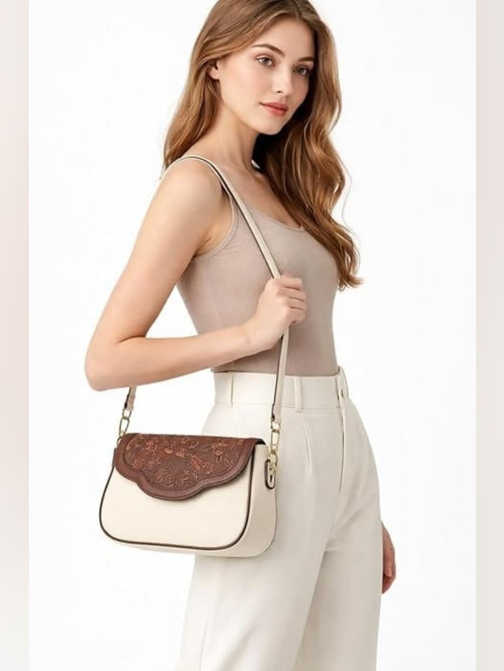 Cream Shoulder Bag with Brown Embossed Flap